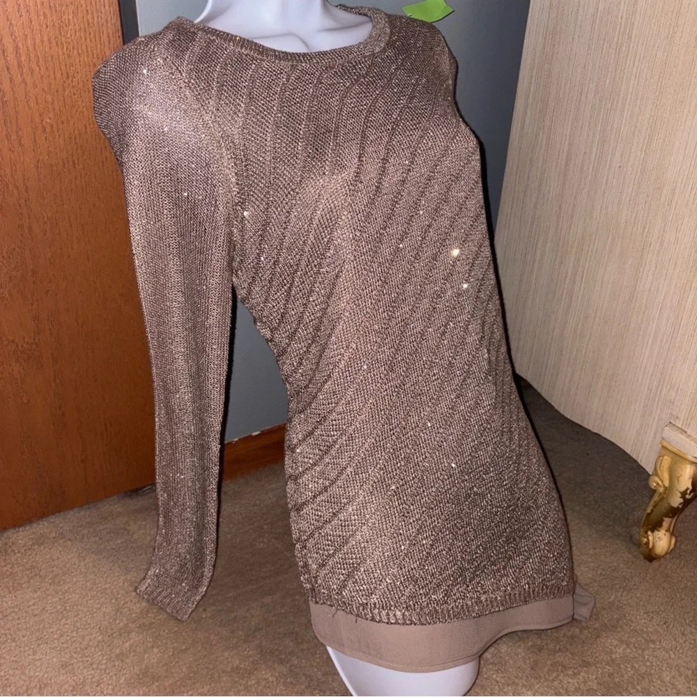 Apt 9 Sweater Gold Taupe XS Sparkly Thru out✨Long Sleeve Tunic Top Holiday Nice - Picture 5 of 13